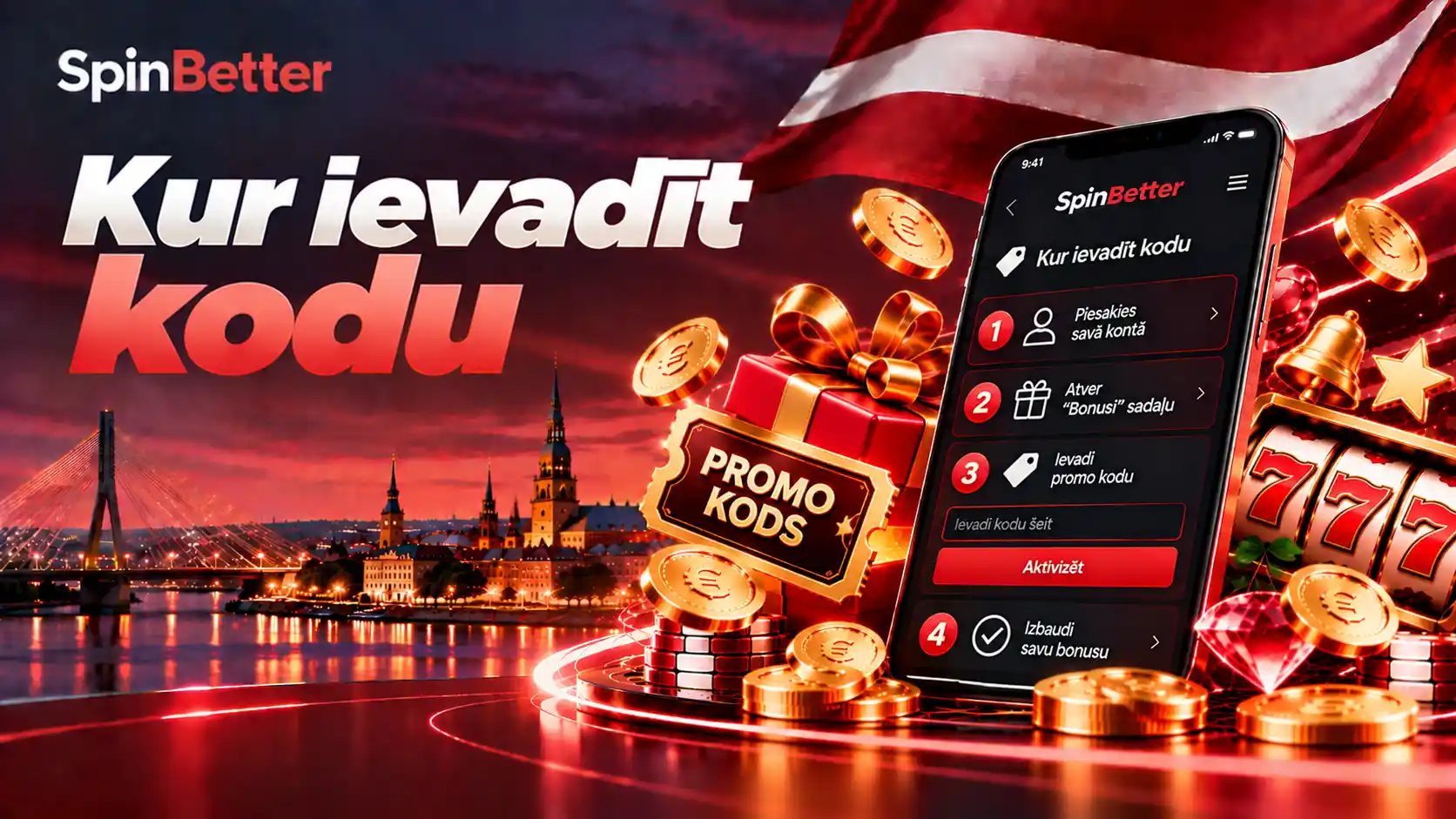 Telefona ekrāns ar četriem soļiem: pieteikšanās kontā, sadaļa Bonusi, promo koda ievade un bonusa izvēle