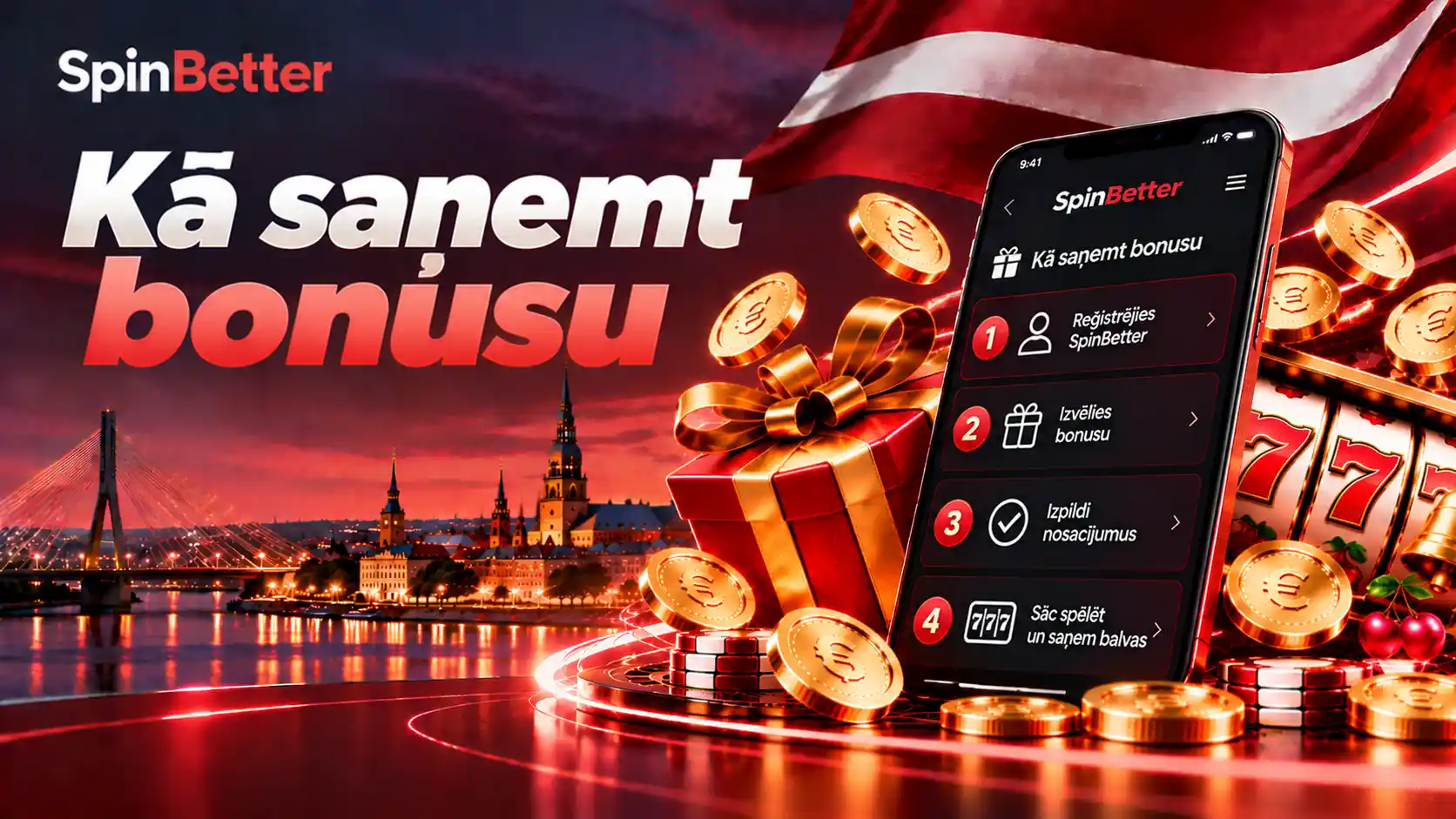 Telefona izvēlne ar četriem soļiem: reģistrācija, bonusa izvēle, nosacījumu izpilde un spēles sākums
