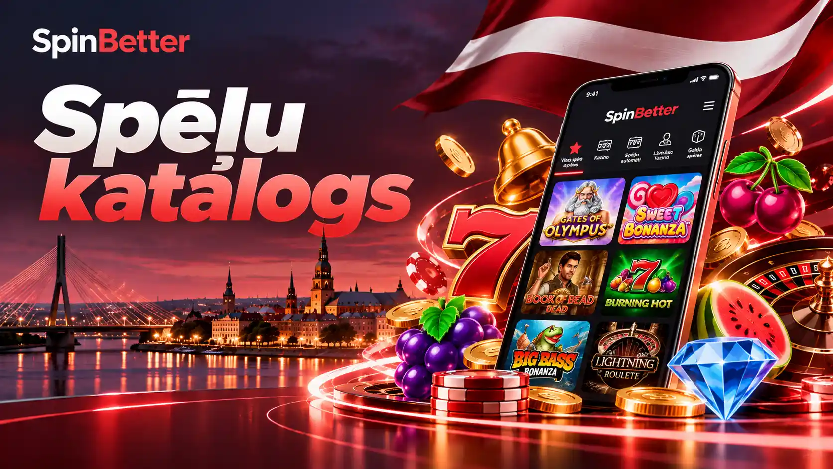 SpinBetter casino mobilais katalogs ar Gates of Olympus, Sweet Bonanza, Book of Dead un Lightning Roulette