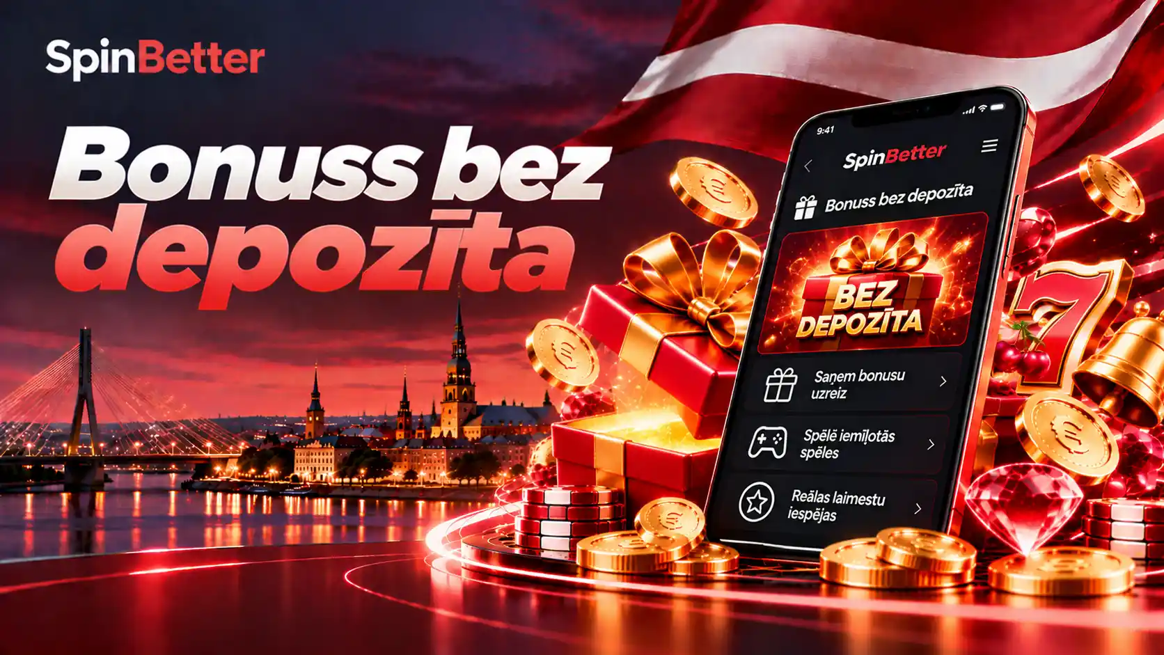SpinBetter casino no deposit bonus: dāvanu kaste ar uzrakstu Bez depozīta un telefona izvēlne ar bonusa izvēli