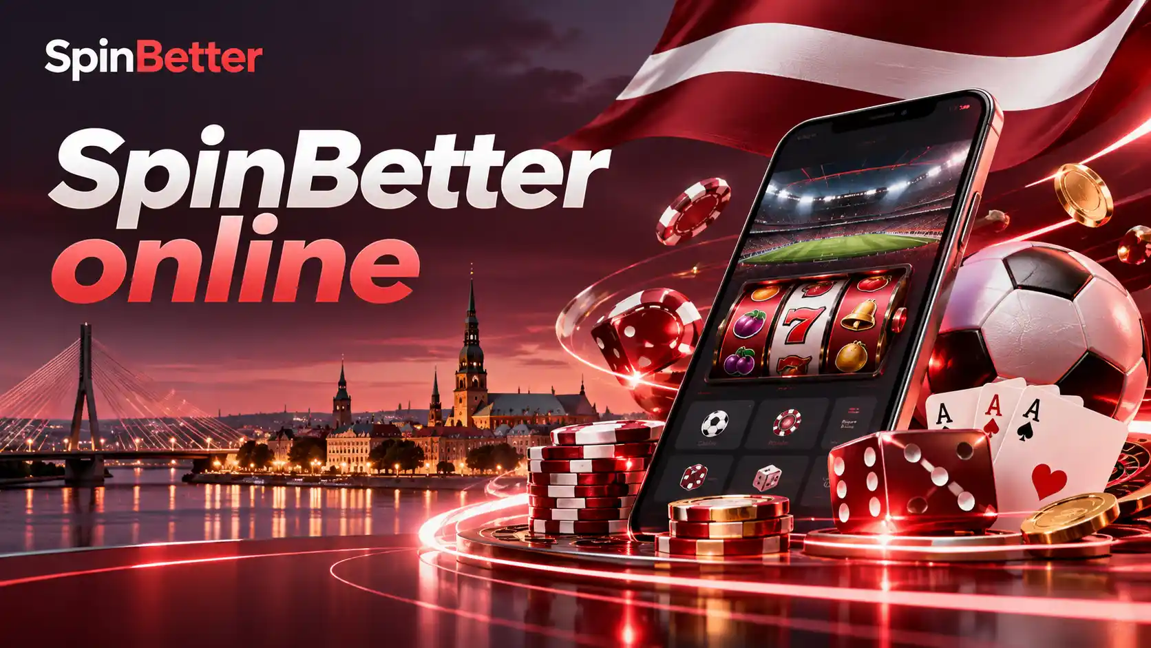 SpinBetter online: telefons ar spēļu automātu un futbola laukumu uz Rīgas vakara panorāmas fona