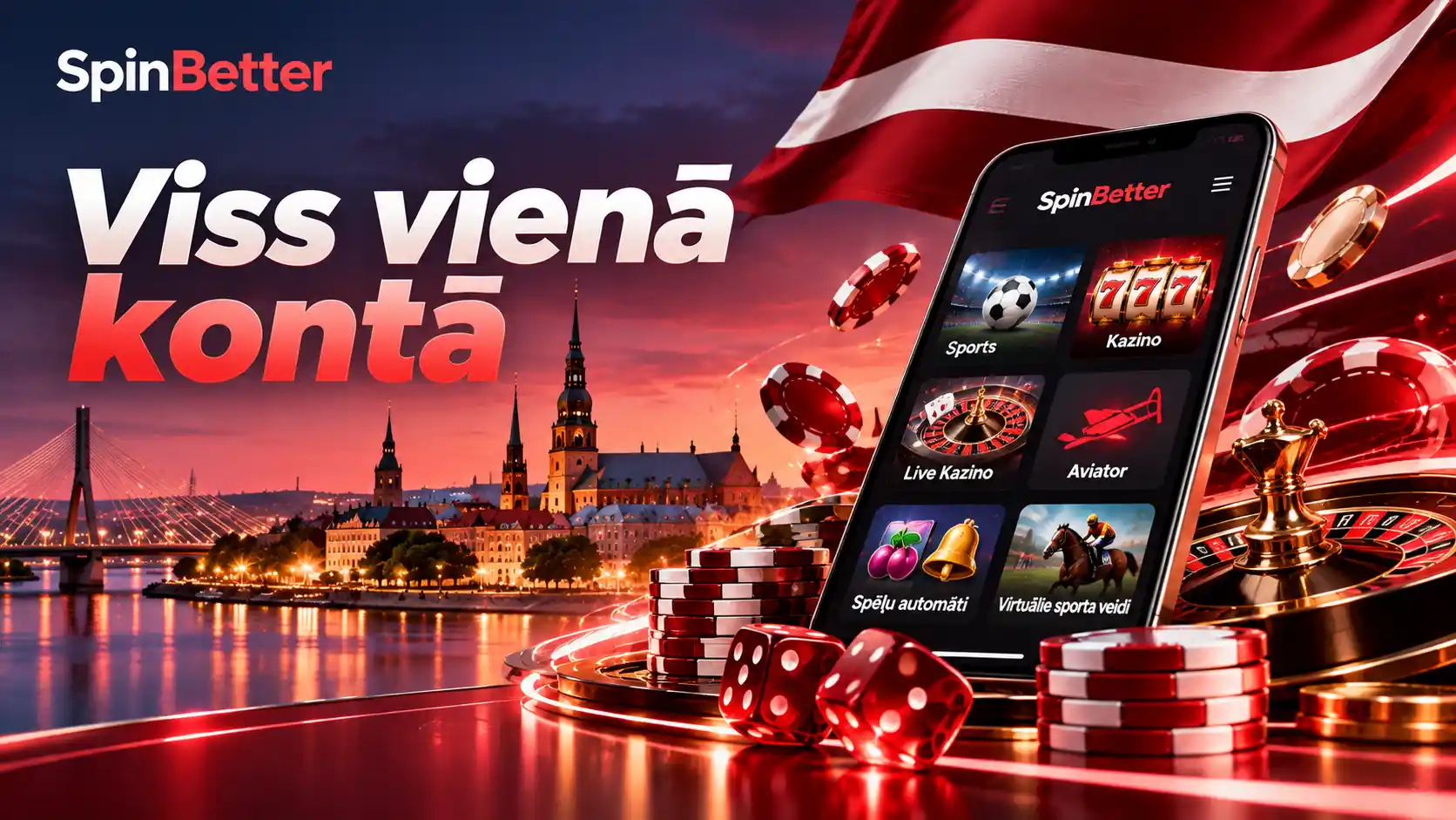 Telefona izvēlne ar kategorijām Sports, Kazino, Live Kazino, Aviator, Spēļu automāti un Virtuālie sporta veidi
