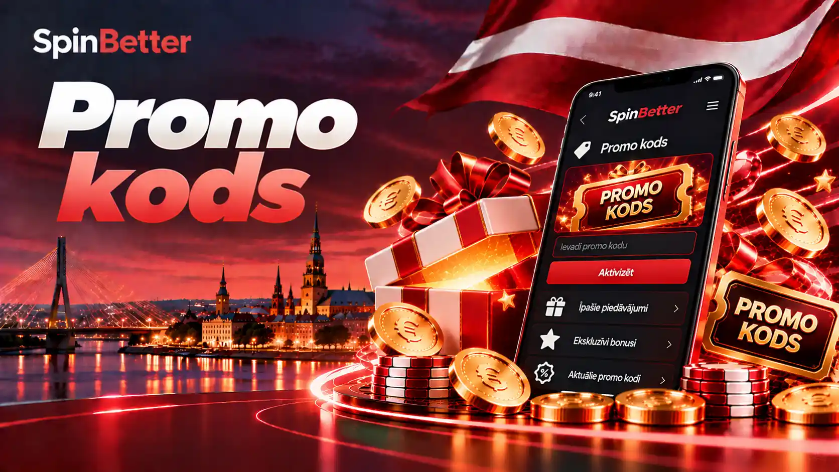 SpinBetter promo code: telefona ekrānā lauks Ievadi promo kodu un poga Aktivizēt, dāvanu kaste un monētas
